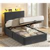 KIMENICH Letto Contenitore 90x200cm con Sistema Idraulico, Letto con vano contenitore e testiera regolabile, Struttura letto 90x200 con LED Smart, Caricatore integrato, Velluto a righe, Grigio