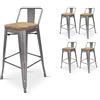 Kosmi - Set di 4 sgabelli da Bar in Metallo zincato Grezzo, Stile Industriale, con Schienale e Seduta in Legno Chiaro - Altezza 66 cm