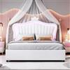 Shye Lettino imbottito per bambini, letto idraulico, struttura singola con corona rosa, in pelle PU con luci, rete a doghe e schienale, 140 x 200 cm (bianco)