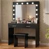Jooli H Toeletta Trucco con 12 Luci LED Hollywood, Tavolo da Trucco Moderno con Specchio, Sgabello e 2 Cassetti, 80x40x140cm (Nero)