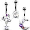 CM Crareesi Mania Piercing per ombelico in argento Sterling da 10 mm in acciaio chirurgico da 14 g, zirconia cubica per luna, pianeta e ombelico, 3 pezzi