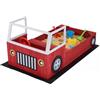 FANTASK Sabbiera in legno, 80 x 156 x 70 cm, box da gioco con sterzo girevole, sedili angolari e panca, per design camion dei pompieri, sabbiera per bambini, per esterni, balcone, giardino
