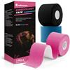 Adamson Kinesiology Tape Kinesiologico, Sportivo Elastico 5 CM X M, Senza Lattice | Resistente All Acqua, Supporto Muscolare e Articolare, 3 Rotoli, Allenamento e Recupero, Materiali Premium - Nero, Blu e Rosa