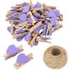SKYPRO 50 mini mollette in legno viola a forma di cuore, multicolore, piccole mollette con cuore, clip per foto da 3 cm, piccole mollette con cordino per esporre foto, artigianato fai da te