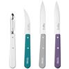 Opinel - Set di 4 Coltelli da Cucina Essenziali Art Déco - N°112 Ufficio, N°113 Seghettato, N°114 Verdure, N°115 Pelapatate - Viola, Grigio Chiaro, Verde, Bianco