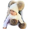 Brillabenny Set Cappello e Sciarpa Bianca Bambina PON PON Vera Pelliccia 1-3 Anni Cuffia Baby Hat Scarf Luxury Bianco