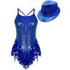 Linjinx Abito Da Ballo Latino Competizione Per Donna Costume Da Ballo Salsa Cha Cha Body Paillettes Spalline Con Cappello Travestimento Danza S Xxl Blu reale S