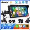 jansite Schermo CarPlay per Moto Jansite da 8,1 Pollici 4K, Dash Cam 4K, Android Auto Wireless, Navigazione GPS Bluetooth, Display Impermeabile IPX7