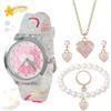 wlertcop Orologio analogico al quarzo classico per bambini con design a forma di cuore, set per insegnare l'ora delle ragazze, include collana, braccialetto, orecchini e anello rosa, 5 pezzi