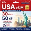 TSIM USA eSIM per viaggiare negli Stati Uniti | 30 giorni, 50 GB di dati + chiamate e SMS illimitati | Chiama casa gratis | eSIM in poche ore tramite InstaSIM | 5G con Hotspot/Tethering