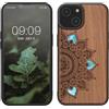 kwmobile Custodia Compatibile con Apple iPhone 14 Cover - Back Case in Legno con Bumper in Silicone TPU - Sole Mandala Madreperla marrone scuro