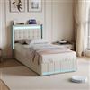 BRILVERDE Letto imbottito 90x200 con contenitore, letto singolo con USB e LED, funzionale con testiera, struttura letto con rete a doghe, Lino (Beige, 90 x 200 cm)