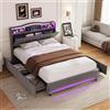 DAHUEN Letto 160 x 200 cm con LED e porte USB/Type-C, letto matrimoniale imbottito con testiera per lettino, rete a listelli, 4 cassetti con ruote, telaio letto moderno per adulti e adolescenti (grigio, 160