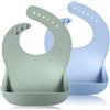 Vicloon Bavaglini Silicone, 2 Pezzi 3D Bavaglino Silicone Impermeabile Senza BPA, Bavaglini Pappa Svezzamento con Tasca Raccoglipappa, 6 Misure Regolabili, per Bambini e Neonati, Blu e Verde