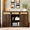 NNJN Cassettiera 120 cm, in noce, con manici in rattan e oro, 3 cassetti + 2 armadi + ripiano aperto, ripiani regolabili in altezza, altezza H85/B120/T40 cm