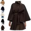 Generic Poncho da donna con maniche a pipistrello, giacca a mantello, cappotto in lana con colletto alla coreana, cintura cappotto corto da donna, Marrone, M