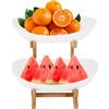JUDEMII Alzata per frutta, in ceramica, a 2 piani, in porcellana con supporto in bambù naturale, per cene, tavoli da pranzo, matrimoni, feste di compleanno, snack buffet (bianco)