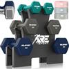 RE:SPORT® Set di manubri da 3 paia, da 1 kg a 5 kg, 12 kg o 18 kg, con supporto e 3 fasce da fitness, manubri corti antiscivolo in neoprene per uomo e donna, set di manubri (turchese/grigio/blu navy