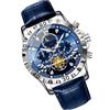 Generic Orologio Analogico Sportivo Militare Classico Da Uomo Impermeabile, Cronografo Luminoso Impermeabile Da Lavoro, Orologio In Pelle Con Fasi Lunari E Stelle, Completamente Automatico, Multifunzione, All