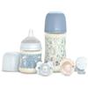 Suavinex, Cofanetto regalo neonato con biberon anticoliche 150 ml flusso lento + 270 ml flusso medio + 2 ciucci 0/6 mesi con tettarella fisiologica SX Pro + attacco ciuccio. Wonderland blu