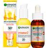 Garnier SkinActive Vitamina C Siero Viso in Crema Illuminante SPF 25 Anti-Macchie 50ml + Siero Viso Uniformante Notte 30ml + Fluido Anti-UV Quotidiano Anti-Macchie Glow SPF 50+ 40ml - Set da 3
