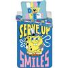BrandMac Set di Biancheria da Letto SpongeBob SquarePants 100% Cotone | Copripiumino per Letto Singolo per Bambini 140x200 cm + Federa 60x65 cm | Stampa Cartone Animato Serve Up Smiles | Morbido e