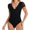 Joyshaper Body da donna in pizzo, sexy, scollo a V, maniche corte, elegante body in pizzo, Nero , S