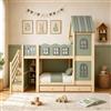 Moimhear Letto a castello in legno, 90 x 200 cm, con griglia a forma di nuvola, struttura del tetto con finestre, scala, scaffali e cassetti (colore legno + verde)