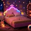 QMTXBYJ Letto per bambini imbottito 90 x 190 cm, letti singoli a LED per ragazza, telaio letto con testiera regolabile in altezza a forma di corona e rete a doghe, letti da ragazza giovane in velluto, senza