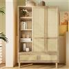 Gelukueub Armadio a 2 ante in vimini intrecciato, stile rustico, effetto rovere, mensola aperta, scaffale, asta appendiabiti, 2 cassetti, chiusura antiribaltamento, 180 x 120 x 50 cm (altezza x
