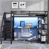 Moimhear Letto a soppalco in metallo, 140 x 200 cm, con scale, armadio aperto, scrivania integrata, vano portaoggetti, stazione di ricarica USB, nero, senza materasso