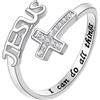 Flongo Anello da donna aperto fantasia: anello in rame croce cristiana regolabile con cubic zircone, incisione JESUS e I can do all things gioielli religiosi fede elegante argento - regalo di