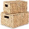 MOOKOMI Set di 2 cestini in vimini con coperchio, cestini portaoggetti in giacinto d'acqua, cesto intrecciato con coperchio per organizzare, cestino rettangolare in vimini con manici