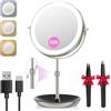 Auxmir Specchio Trucco con Luci Ricaricabile, Specchio Ingranditore 30X/1X Altezza Regolabile da 38-47cm, 3 Colori di Luci Luminosità Regolabile Girevole a 360°Specchio da Tavolo con Contenitore