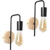 Alpinaluz Pack di 2 Apliques da Parete Nero con Base in Legno Naturale e Braccio Metallico Curvo, Stile Nordico Vintage, Portalampada E27, Illuminazione Decorativa per Camera da Letto, Soggiorno
