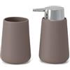 Inbagno Set Accessori Bagno 2 Pezzi In Ceramica Tortora E Cromo - Dispenser Sapone 280 ml E Portaspazzolini Design Tondo Antibatterico - Linea Sidney