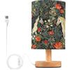 Ewusp Lampada da comodino con fiori di cavallo, per camera da letto, porte di ricarica USB C, lampada da comodino a LED, luce da lettura con base in legno, paralume in tessuto per asilo nido soggiorno
