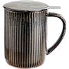 Yundu 470ml Tazza da tè in ceramica con coperchio e colino, a righe grande tazza da tè - Flambe Black
