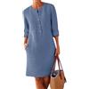OMZIN Donne Leggero Vestito di Lino Henley Roll Up 3/4 Maniche Tasche Allentato Vestito Casual Blu M