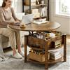 ELUCHANG Tavolino Salotto Rotondo con Coperchio Ribaltabile 2 in 1 per Soggiorno e Ufficio, Tavolino Soggiorno con Spazio di Archiviazione a 2 Livelli, Legno in Marrone Vintage, 80x80cm