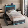 Poeahu Letto 90x200 con Sommier LED e USB, Letto Singolo con 2 Cassetti di Riordinamento, Letti Singoli Imbottiti con Sommier a Doghe, Letti Una Piazza per Bambino Adolescente, senza Materasso