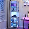 Merax Armadio a LED 42 × 44 × 205 cm, con doppie ante in vetro, pannello posteriore a specchio, modulo centrale aperto e protezione antiribaltamento, elegante vetrina per vino, libreria, bianco