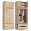 BDW Monia - Armadio con 2 ante e 2 cassetti, opaco, 4 ripiani, guide in metallo, per camera da letto, guardaroba, ufficio (rovere Sonoma, 235 x 90 x 50)