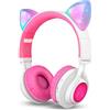 Riwbox CT-7 Cuffie Bluetooth con orecchie di gatto che si illuminano con luce LED, wireless, pieghevoli, con microfono e controllo del volume, per Phone/iPad/smartphone/Laptop/PC/TV White&Pink