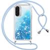 Vauki Cover per Samsung Galaxy A17 5G/4G con Cordino, Trasparente Glitter Liquido Antiurto Brillantini Tracolla Custodia, Antiurto Antigraffio Silicone Bumper Laccio Protettivo Case, Azzurro/Blu