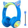 Riwbox CF9 - Cuffie Bluetooth per bambini, con orecchie di gatto, con luce LED, microfono ad asta e microfono integrato per chiamate, volume limitato di 85 dB, cuffie wireless e cablate, per la scuola
