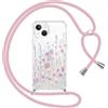 Gcxvaoi Cover con Cordino per iPhone 14/iPhone 13, Aesthetic Fiori Disegni Custodia con Collana Tracolla Laccio Corda, Trasparente Sottile TPU Silicone + PC Antiurto Case per iPhone 14, Rosa 02