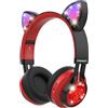 Riwbox CT-7 - Cuffie Bluetooth per bambini, con orecchie di gatto, con luci a LED, wireless, con microfono e controllo del volume, compatibili per viaggio/scuola/smartphone/laptop/PC/TV (rosso e nero)
