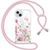 Gcxvaoi Cover con Cordino per iPhone 15, Aesthetic Fiori Disegni Custodia con Collana Tracolla Laccio Corda, Trasparente Sottile TPU Silicone + PC Antiurto Case per iPhone 15, Rosa 01