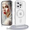 Coiwxmoi Cover Magnetica per iPhone 16 Pro Max Custodia con Cordino Laccio, Compatibile con Magsafe Trasparente Glitter Silicone Protettiva Antiurto Antigraffio Case con Collana, Argento